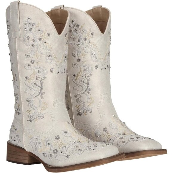 White Women's Cowboy Boots Square Toe Rhinestone Mid Calf Floral Western - Picture 4 of 7